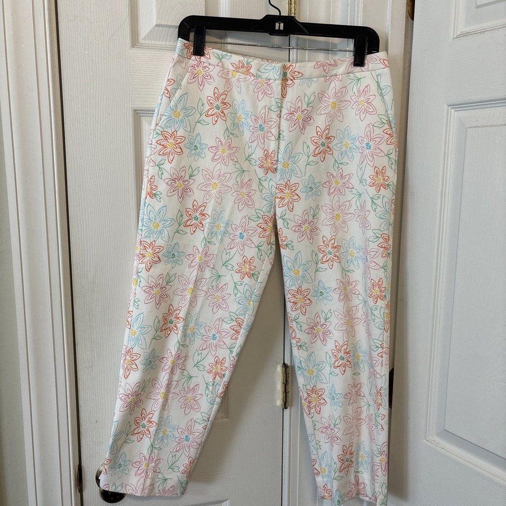 EP Pro Golf Womens Pique Capri Pants 8 White Floral Colorful Flowers Stretch